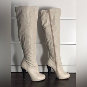 SOLD Cream coloured above knee high heel boots